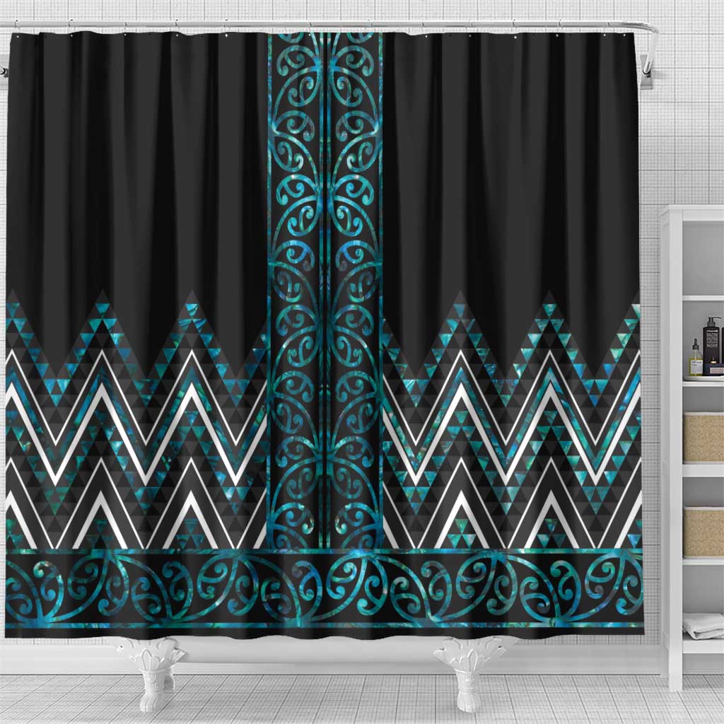 Paua Shell Aotearoa Mangopare Kowhaiwhai and Niho Taniwha Shower Curtain Maori New Zealand