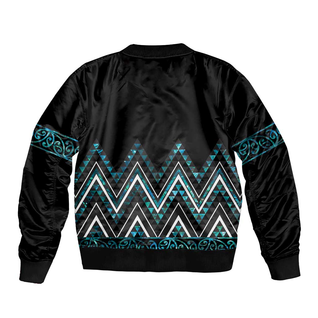 Paua Shell Aotearoa Mangopare Kowhaiwhai and Niho Taniwha Sleeve Zip Bomber Jacket Maori New Zealand