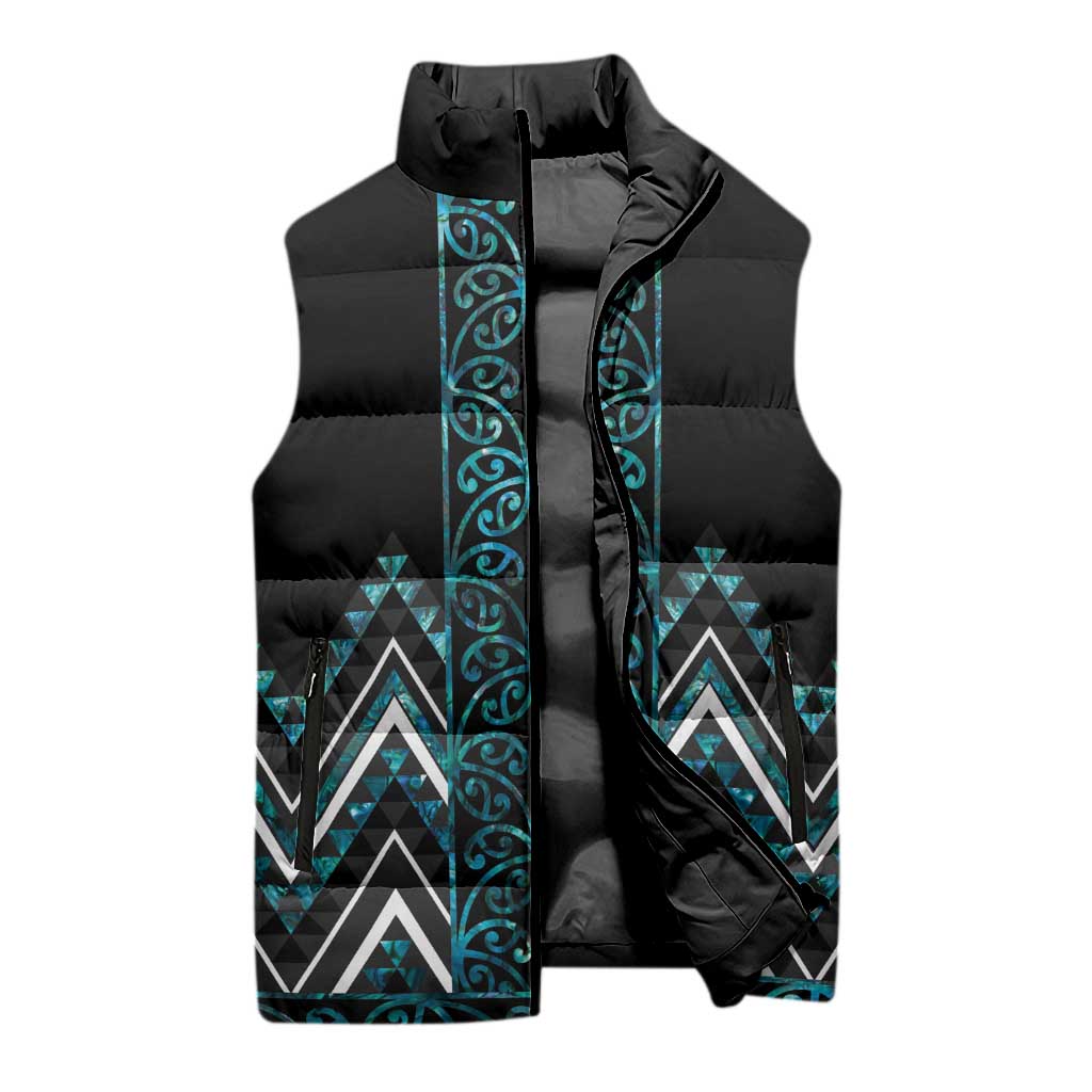 Paua Shell Aotearoa Mangopare Kowhaiwhai Niho Taniwha Sleeveless Puffer Jacket Maori New Zealand - Polynesian Pride