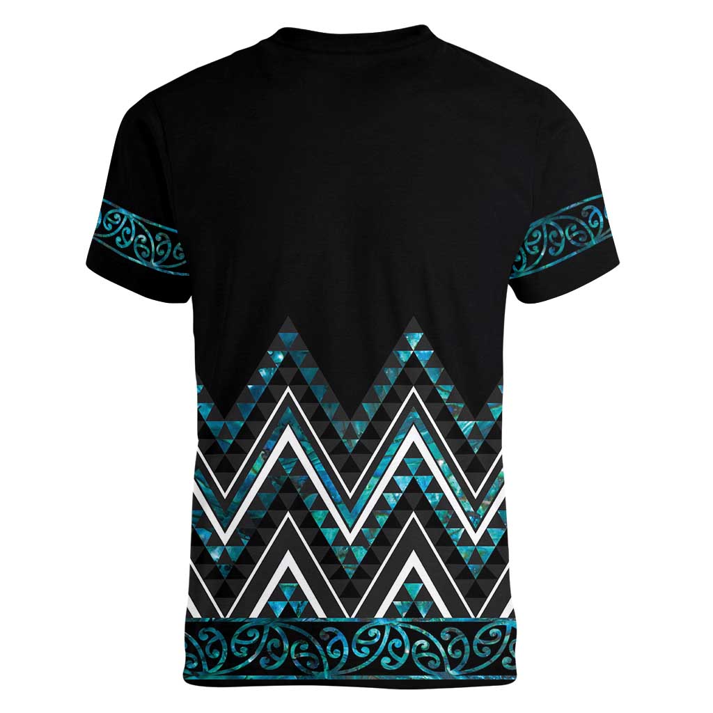 Paua Shell Aotearoa Mangopare Kowhaiwhai and Niho Taniwha Women V-Neck T-Shirt Maori New Zealand