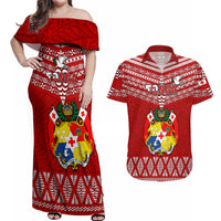 Tonga Rugby Couples Matching Off Shoulder Maxi Dress and Hawaiian Shirt 2023 World Cup Tongan Kupesi Ngatu Pattern LT14 Red - Polynesian Pride