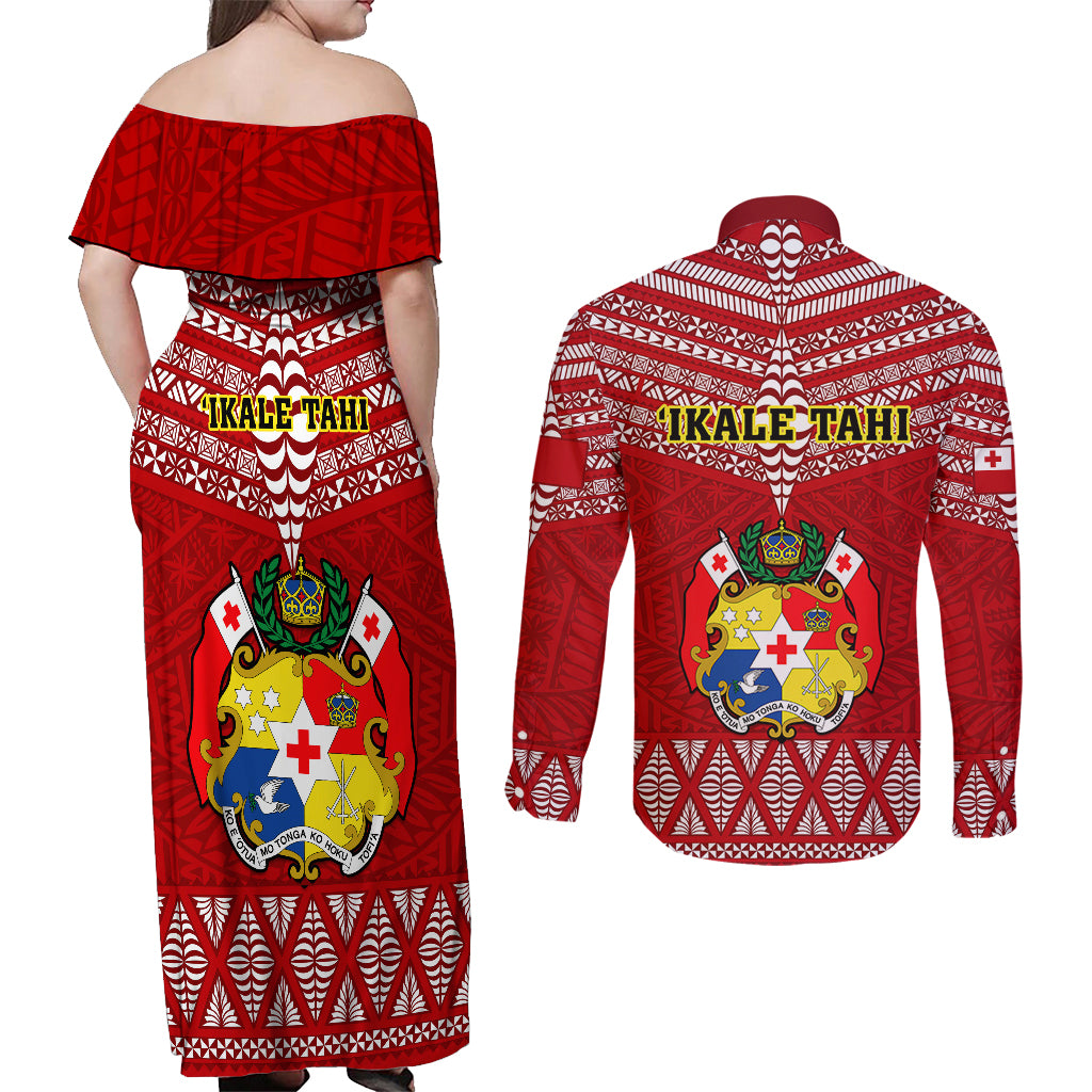 Tonga Rugby Couples Matching Off Shoulder Maxi Dress and Long Sleeve Button Shirts 2023 World Cup Tongan Kupesi Ngatu Pattern LT14 - Polynesian Pride