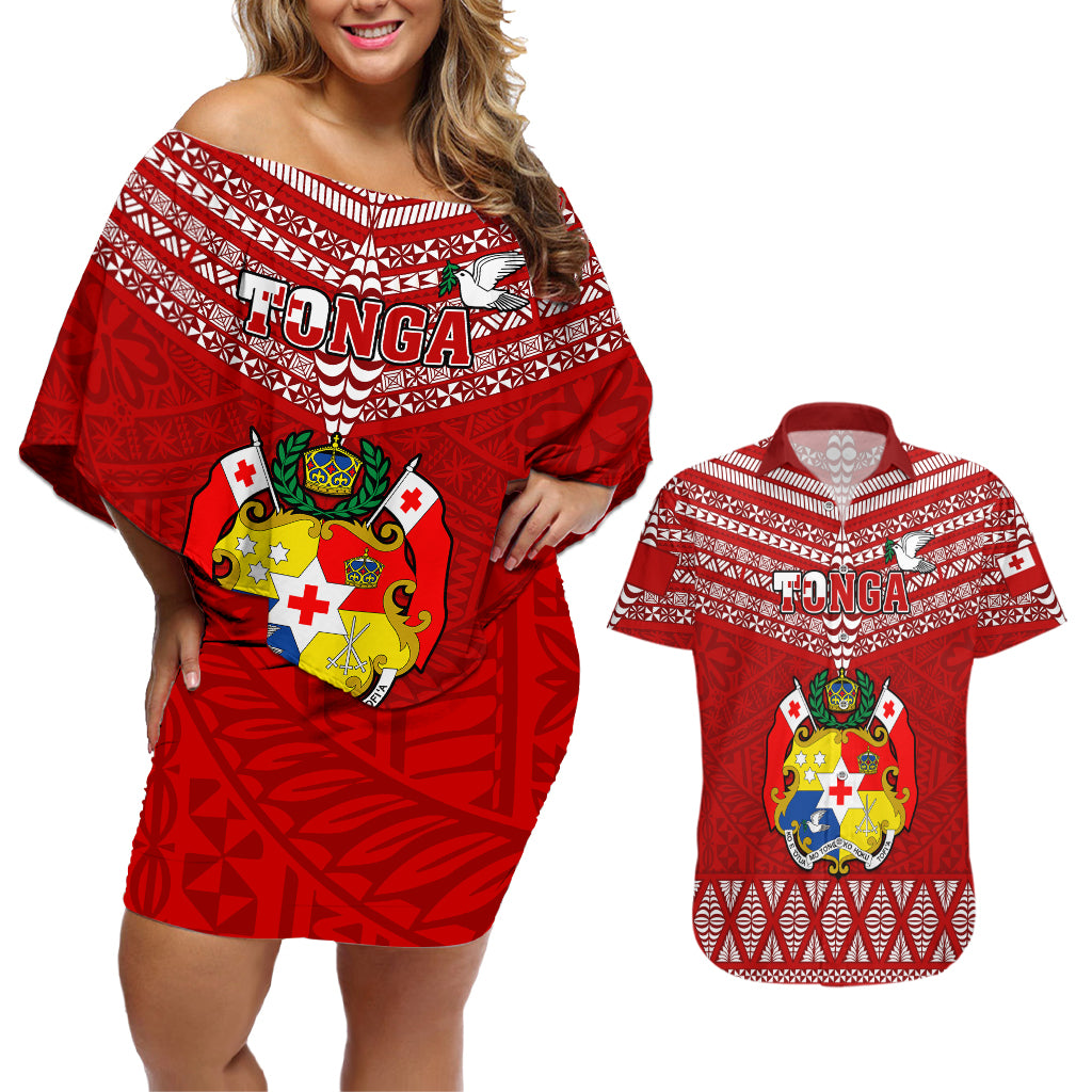 Tonga Rugby Couples Matching Off Shoulder Short Dress and Hawaiian Shirt 2023 World Cup Tongan Kupesi Ngatu Pattern LT14 Red - Polynesian Pride