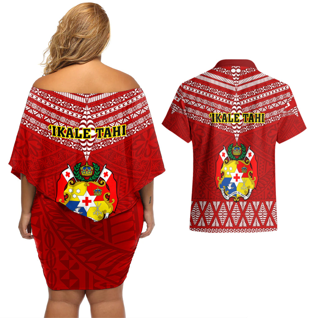 Tonga Rugby Couples Matching Off Shoulder Short Dress and Hawaiian Shirt 2023 World Cup Tongan Kupesi Ngatu Pattern LT14 - Polynesian Pride
