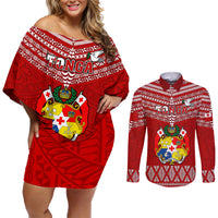 Tonga Rugby Couples Matching Off Shoulder Short Dress and Long Sleeve Button Shirts 2023 World Cup Tongan Kupesi Ngatu Pattern LT14 Red - Polynesian Pride