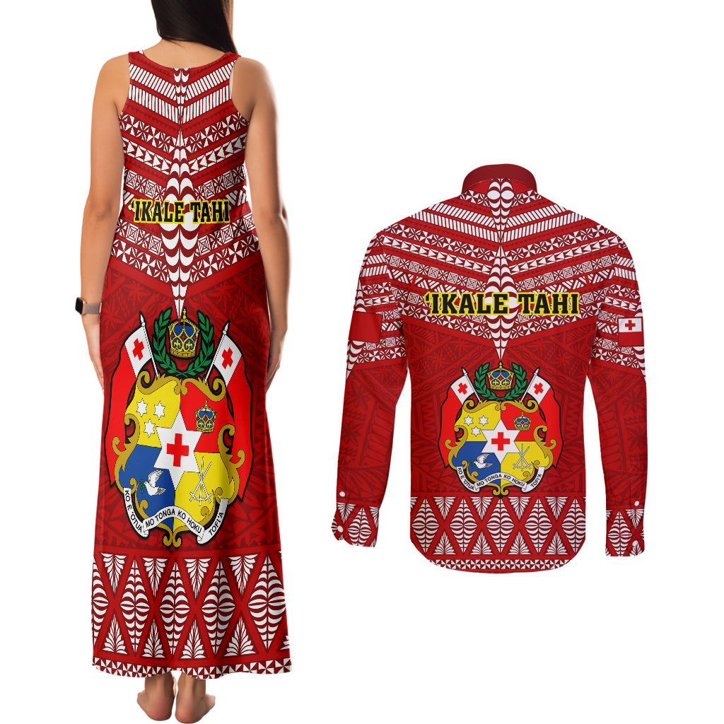 Tonga Rugby Couples Matching Tank Maxi Dress and Long Sleeve Button Shirts 2023 World Cup Tongan Kupesi Ngatu Pattern LT14 - Polynesian Pride