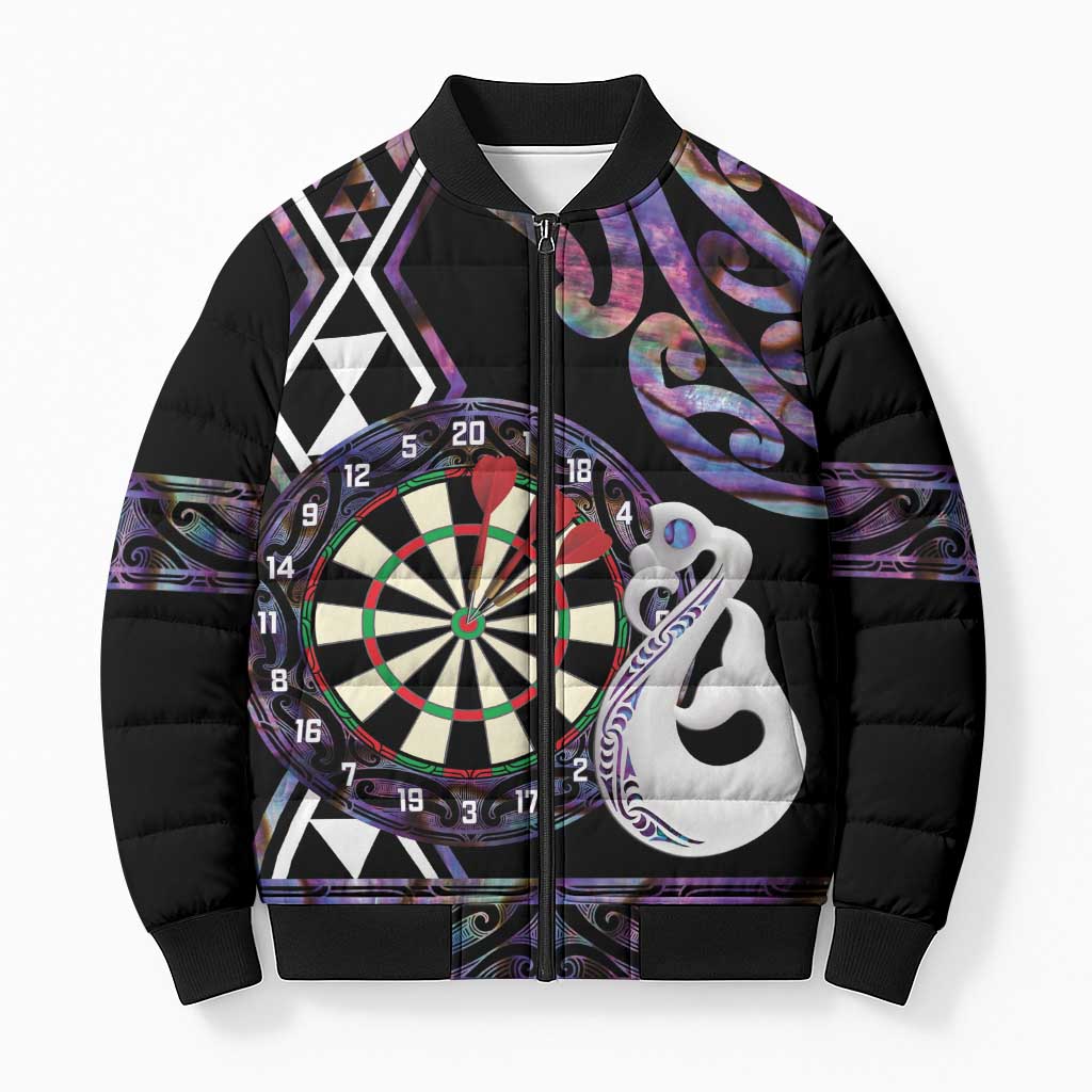 Personalised New Zealand Darts Bomber Puffer Jacket Ngutukaka Manaia Taniko Luxury Purple - Polynesian Pride