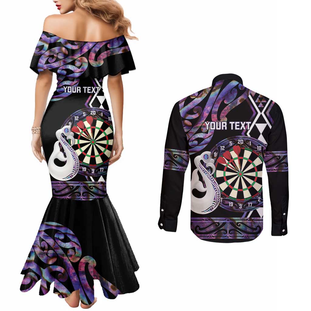 Personalised New Zealand Darts Couples Matching Mermaid Dress and Long Sleeve Button Shirt Ngutukaka Manaia Taniko Luxury Purple - Polynesian Pride
