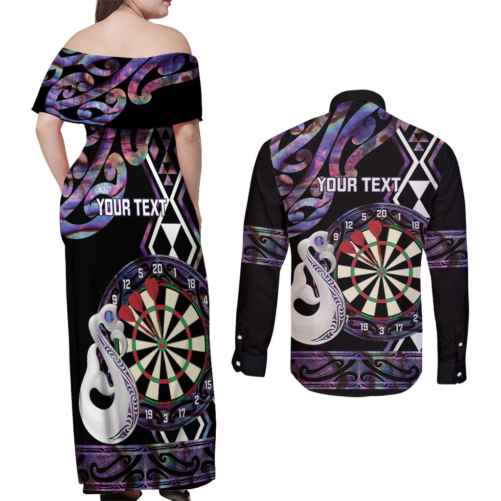 Personalised New Zealand Darts Couples Matching Off Shoulder Maxi Dress and Long Sleeve Button Shirt Ngutukaka Manaia Taniko Luxury Purple - Polynesian Pride