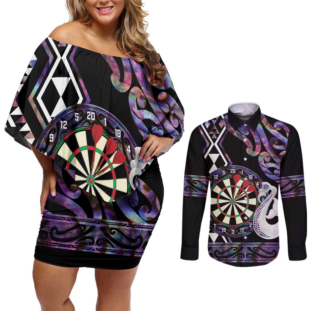 Personalised New Zealand Darts Couples Matching Off Shoulder Short Dress and Long Sleeve Button Shirt Ngutukaka Manaia Taniko Luxury Purple - Polynesian Pride