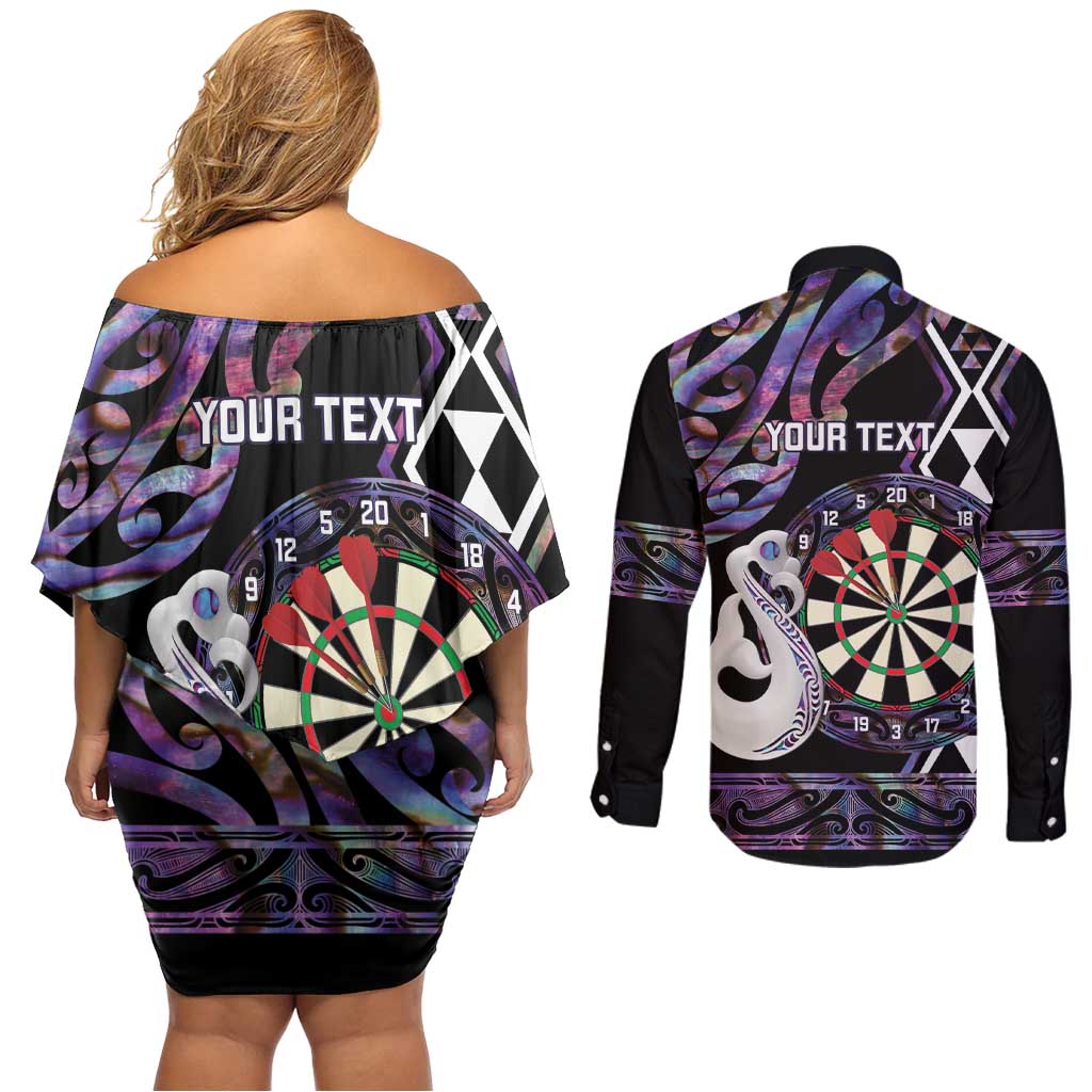 Personalised New Zealand Darts Couples Matching Off Shoulder Short Dress and Long Sleeve Button Shirt Ngutukaka Manaia Taniko Luxury Purple - Polynesian Pride