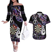 Personalised New Zealand Darts Couples Matching Off The Shoulder Long Sleeve Dress and Hawaiian Shirt Ngutukaka Manaia Taniko Luxury Purple - Polynesian Pride