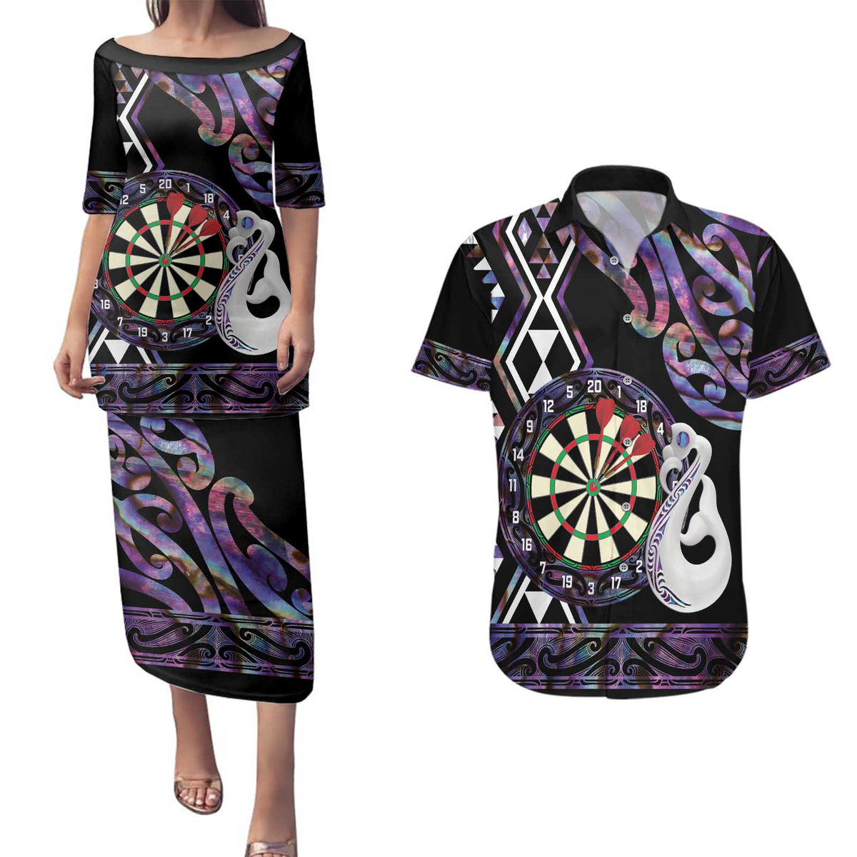 Personalised New Zealand Darts Couples Matching Puletasi and Hawaiian Shirt Ngutukaka Manaia Taniko Luxury Purple - Polynesian Pride