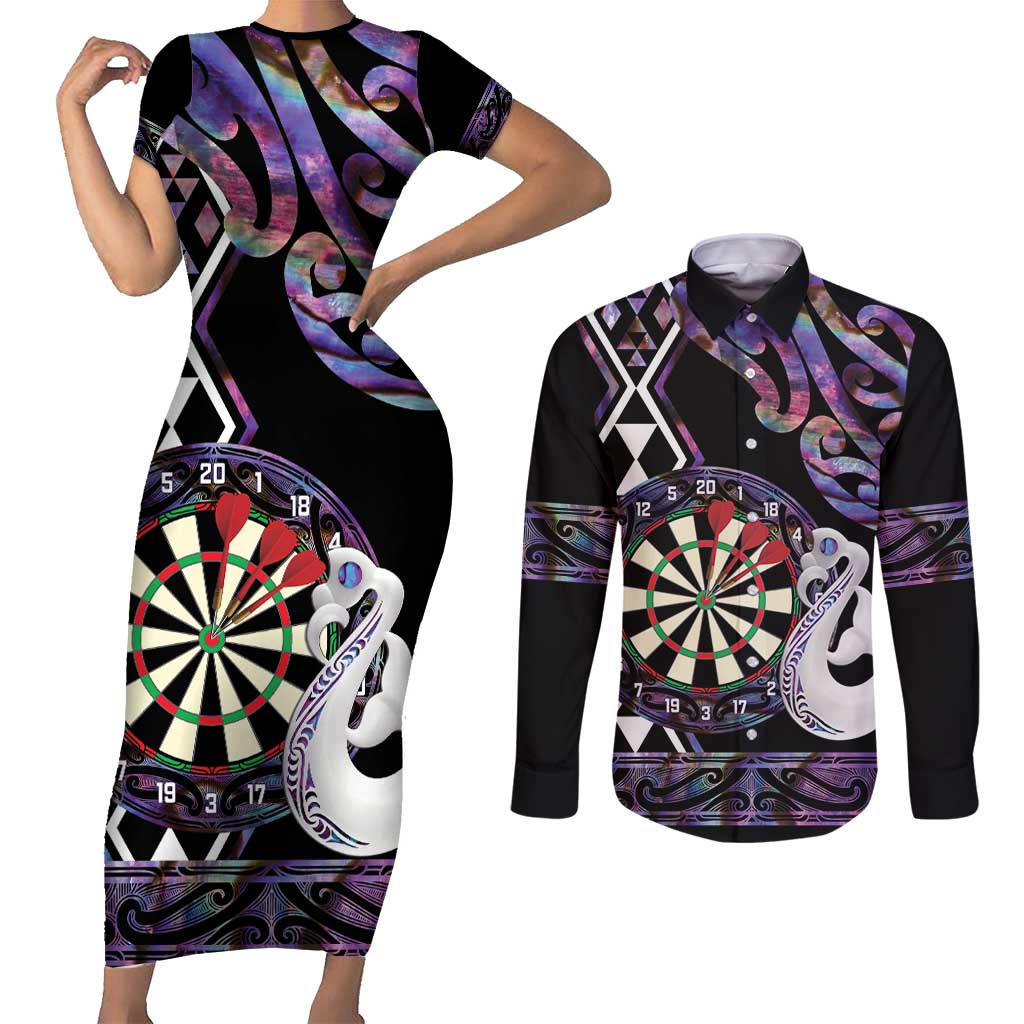 Personalised New Zealand Darts Couples Matching Short Sleeve Bodycon Dress and Long Sleeve Button Shirt Ngutukaka Manaia Taniko Luxury Purple - Polynesian Pride