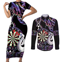 Personalised New Zealand Darts Couples Matching Short Sleeve Bodycon Dress and Long Sleeve Button Shirt Ngutukaka Manaia Taniko Luxury Purple - Polynesian Pride