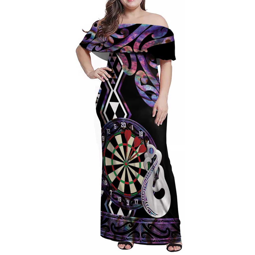 Personalised New Zealand Darts Family Matching Off Shoulder Maxi Dress and Hawaiian Shirt Ngutukaka Manaia Taniko Luxury Purple - Polynesian Pride