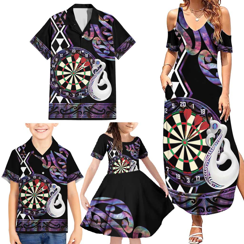 Personalised New Zealand Darts Family Matching Summer Maxi Dress and Hawaiian Shirt Ngutukaka Manaia Taniko Luxury Purple - Polynesian Pride