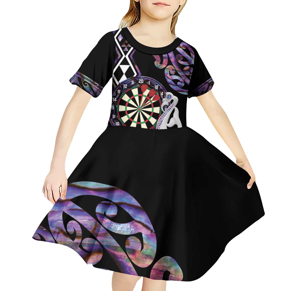 Personalised New Zealand Darts Kid Short Sleeve Dress Ngutukaka Manaia Taniko Luxury Purple - Polynesian Pride