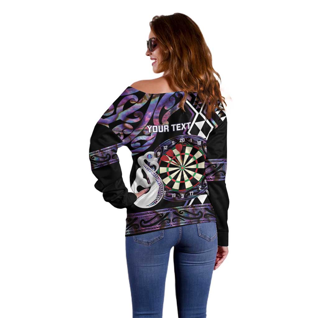 Personalised New Zealand Darts Off Shoulder Sweater Ngutukaka Manaia Taniko Luxury Purple - Polynesian Pride