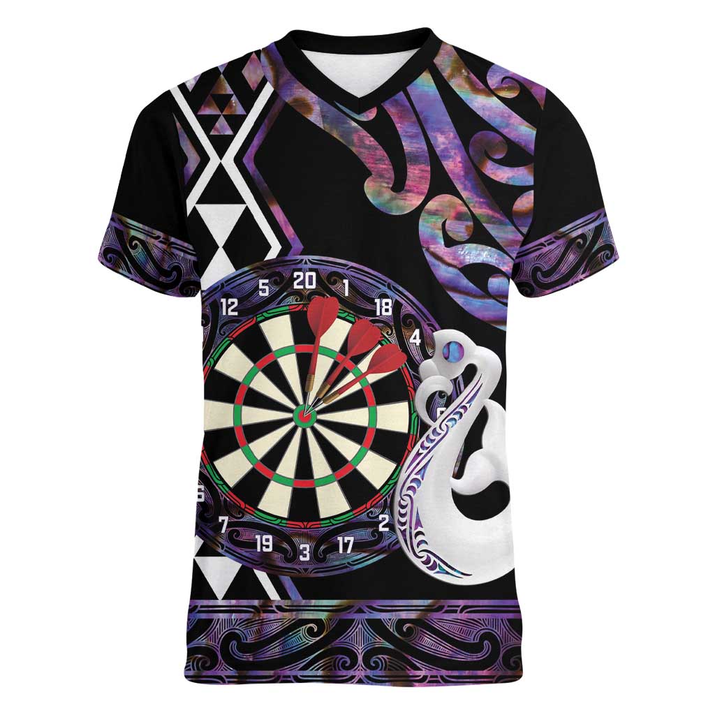 Personalised New Zealand Darts Women V-Neck T-Shirt Ngutukaka Manaia Taniko Luxury Purple - Polynesian Pride