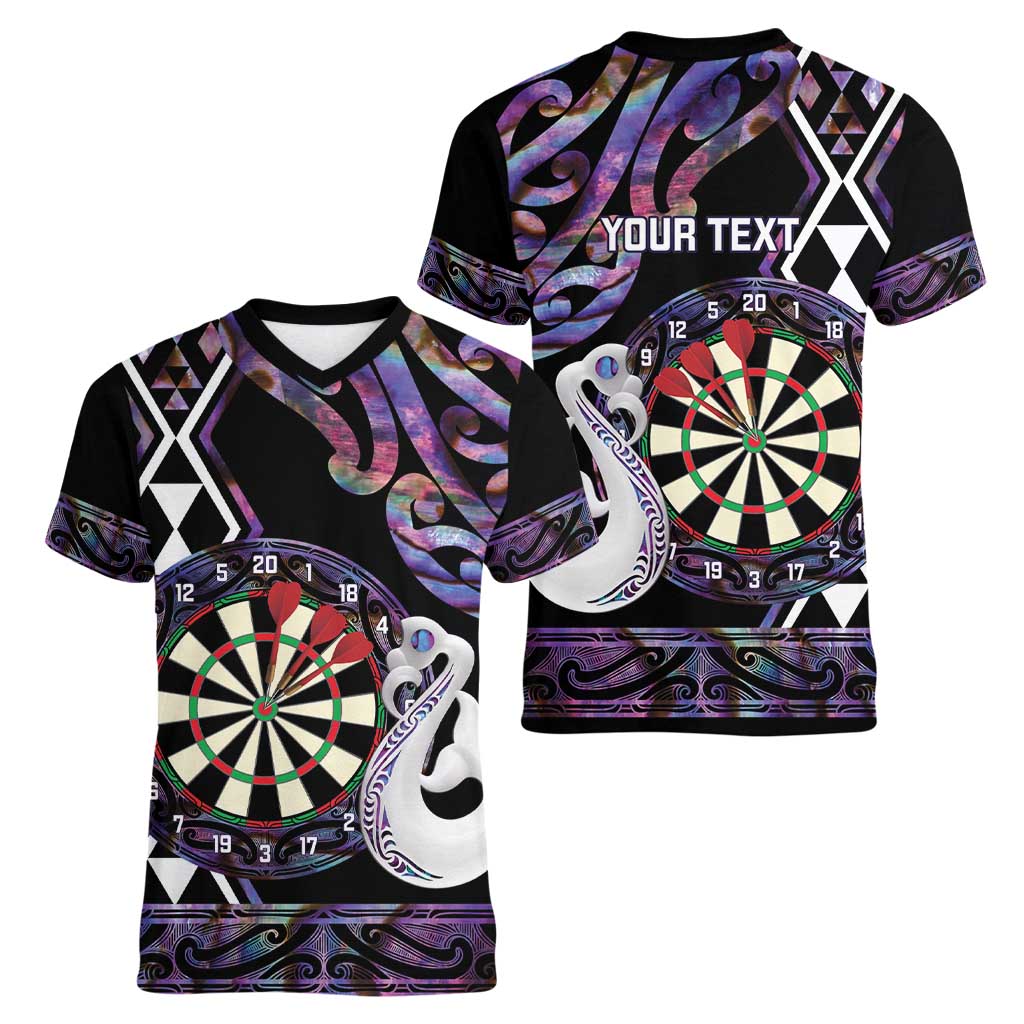 Personalised New Zealand Darts Women V-Neck T-Shirt Ngutukaka Manaia Taniko Luxury Purple - Polynesian Pride