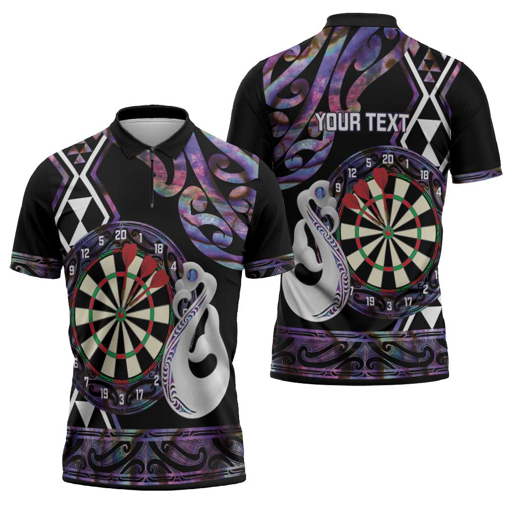 Personalised New Zealand Darts Zipper Polo Shirt Ngutukaka Manaia Taniko Luxury Purple - Polynesian Pride
