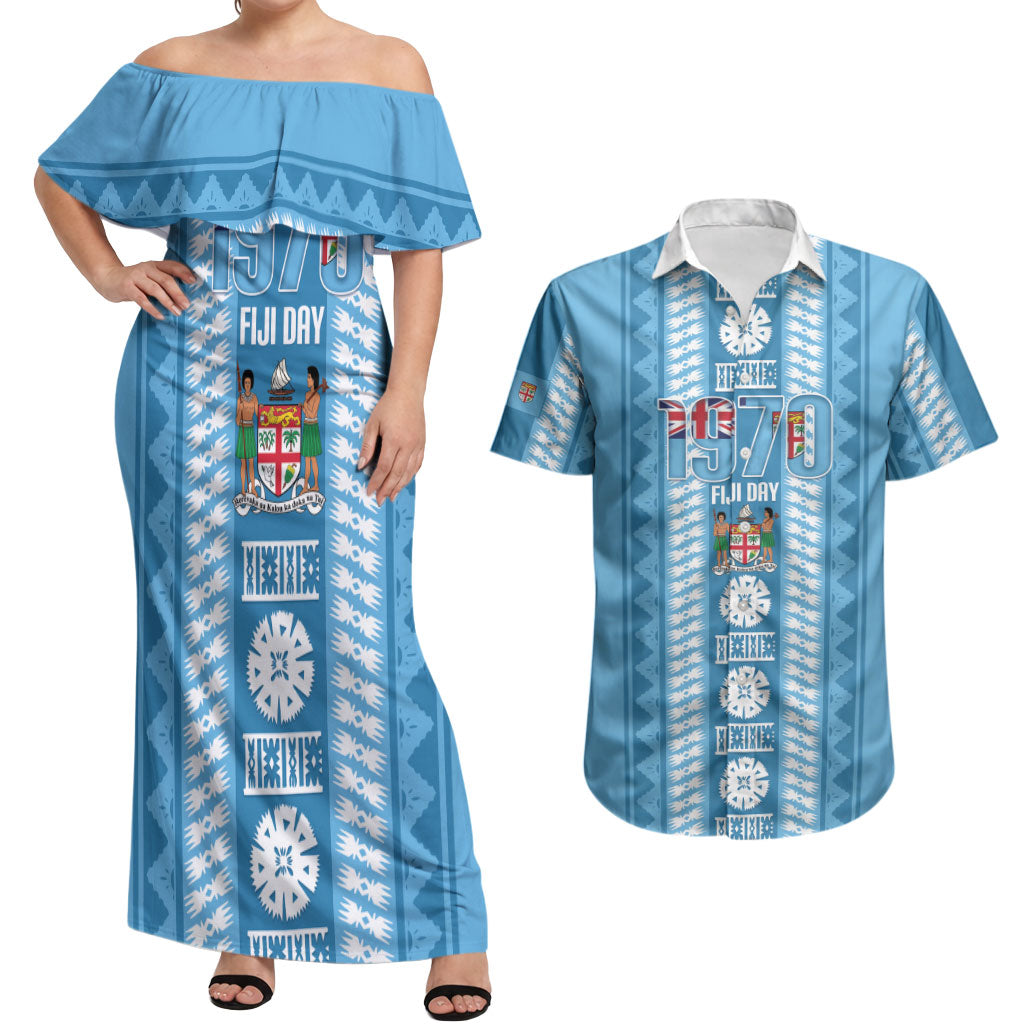 Fiji Day 1970 Couples Matching Off Shoulder Maxi Dress and Hawaiian Shirt For Fiji Ever Fiji Tapa Pattern Blue