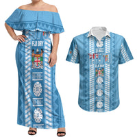 Fiji Day 1970 Couples Matching Off Shoulder Maxi Dress and Hawaiian Shirt For Fiji Ever Fiji Tapa Pattern Blue
