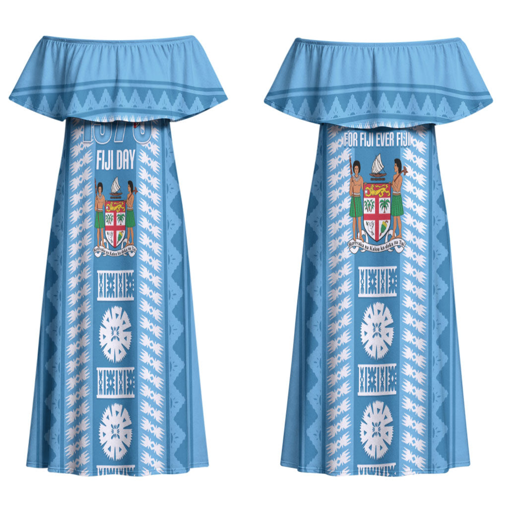 Fiji Day 1970 Couples Matching Off Shoulder Maxi Dress and Hawaiian Shirt For Fiji Ever Fiji Tapa Pattern Blue