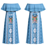 Fiji Day 1970 Couples Matching Off Shoulder Maxi Dress and Hawaiian Shirt For Fiji Ever Fiji Tapa Pattern Blue