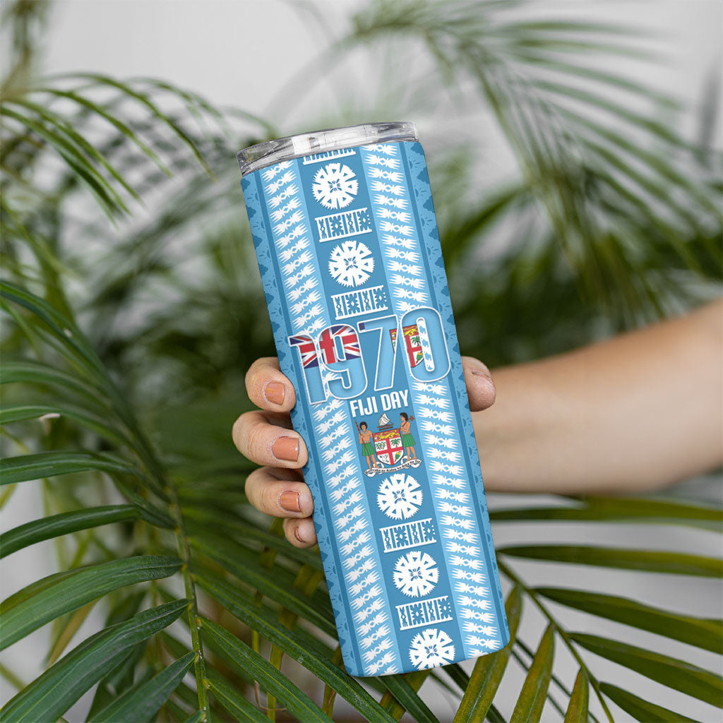 Fiji Day 1970 Skinny Tumbler For Fiji Ever Fiji Tapa Pattern Blue