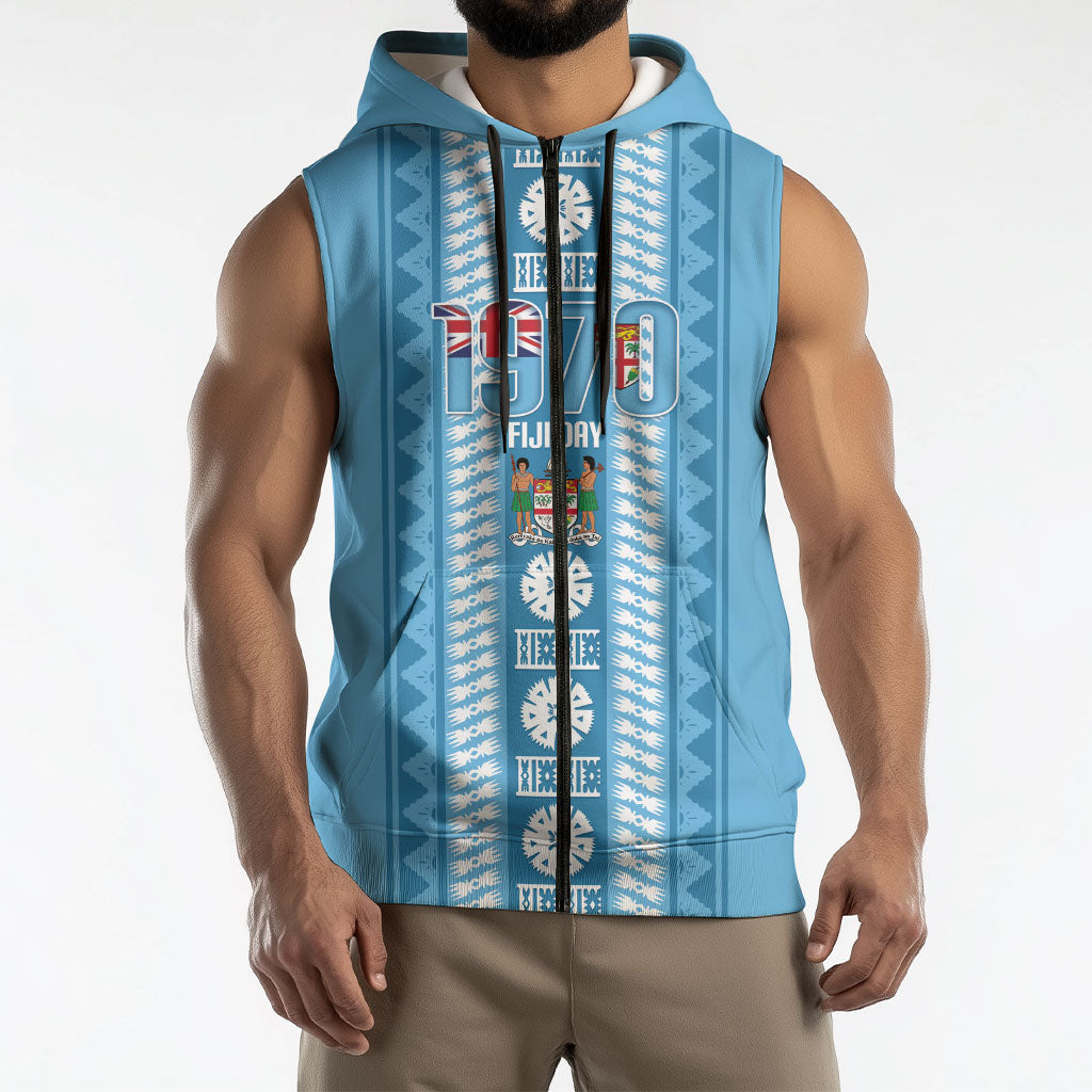 Fiji Day 1970 Sleeveless Zip Hoodie For Fiji Ever Fiji Tapa Pattern Blue