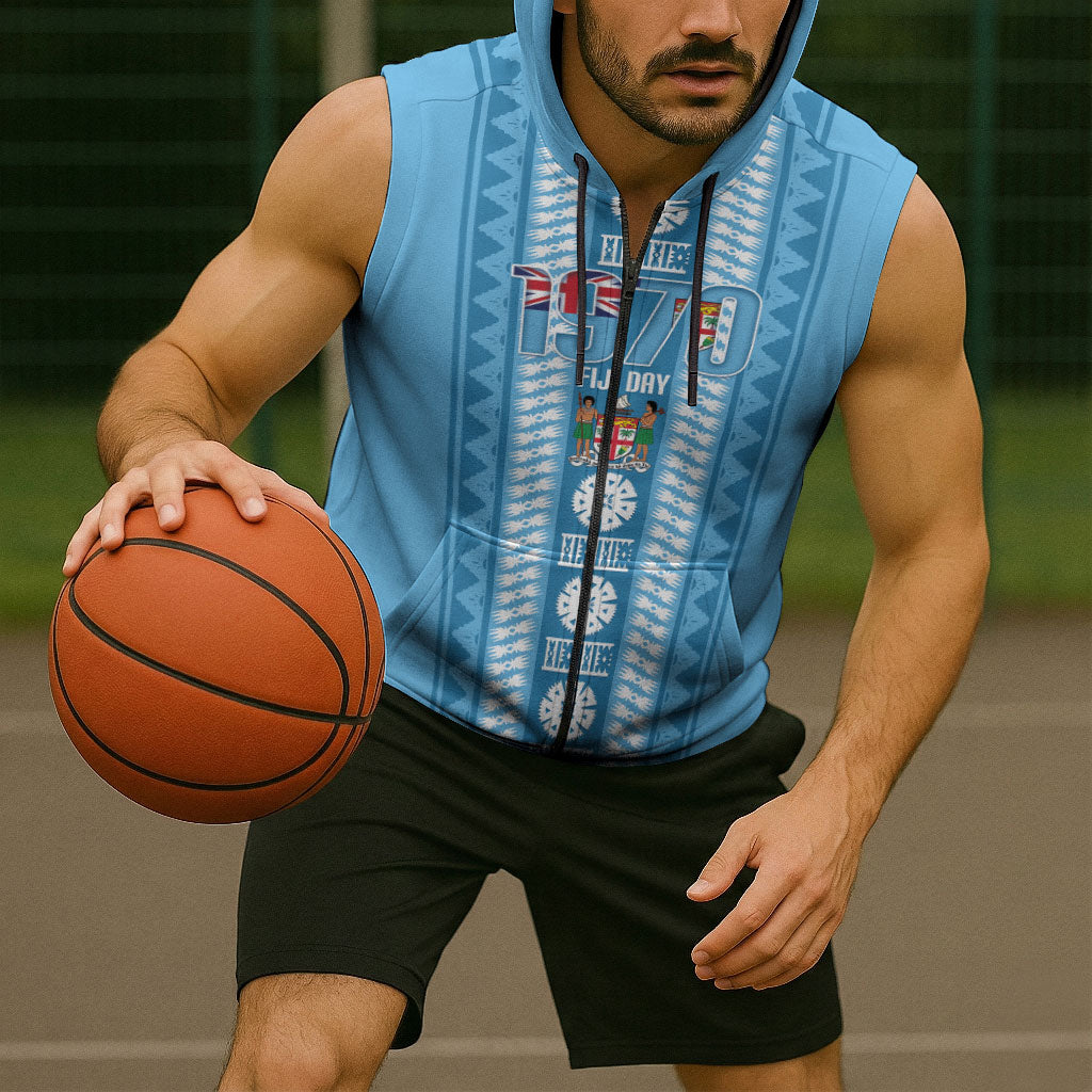Fiji Day 1970 Sleeveless Zip Hoodie For Fiji Ever Fiji Tapa Pattern Blue