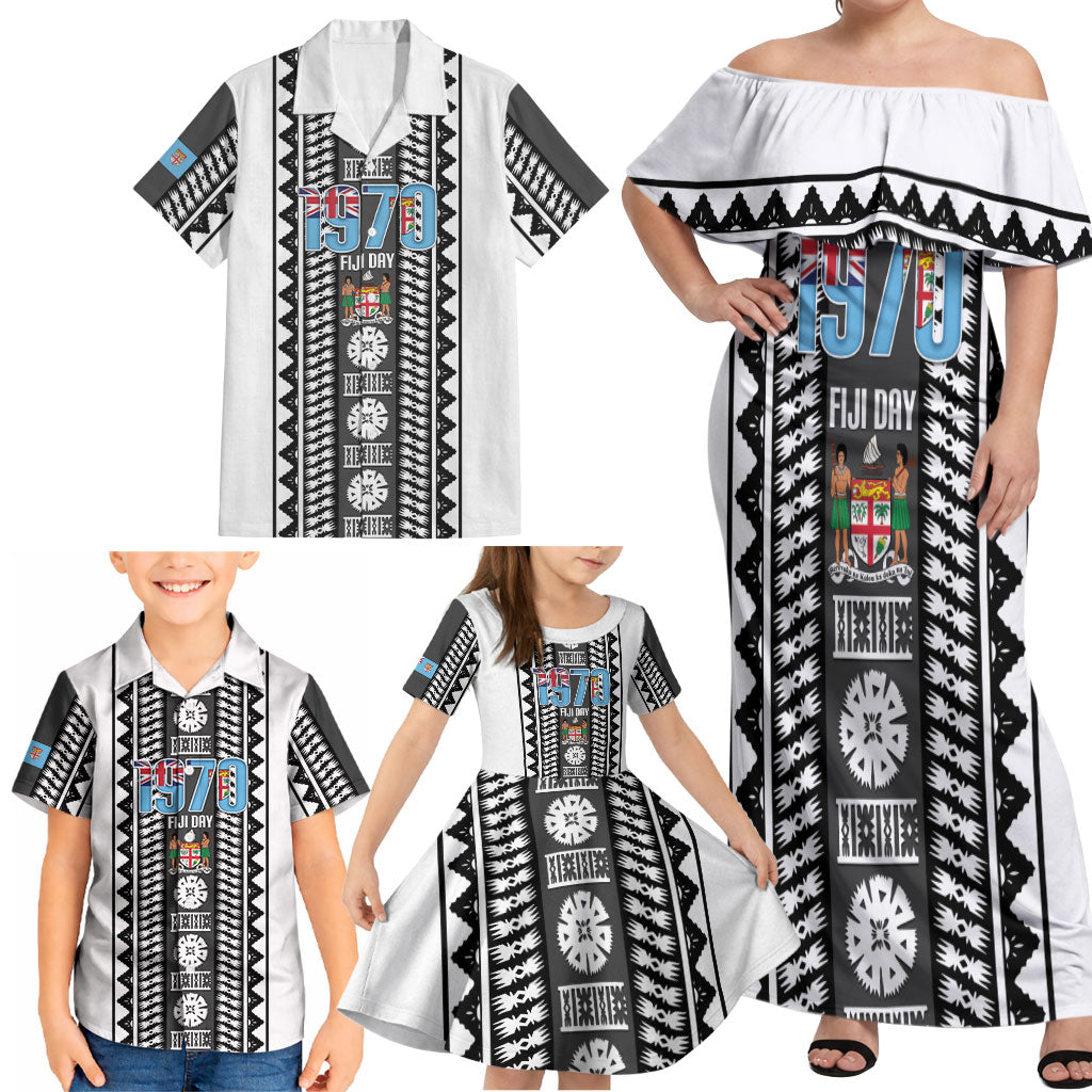 Fiji Day 1970 Family Matching Off Shoulder Maxi Dress and Hawaiian Shirt For Fiji Ever Fiji Tapa Pattern White