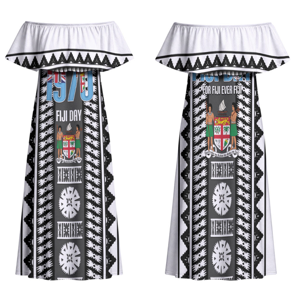 Fiji Day 1970 Family Matching Off Shoulder Maxi Dress and Hawaiian Shirt For Fiji Ever Fiji Tapa Pattern White