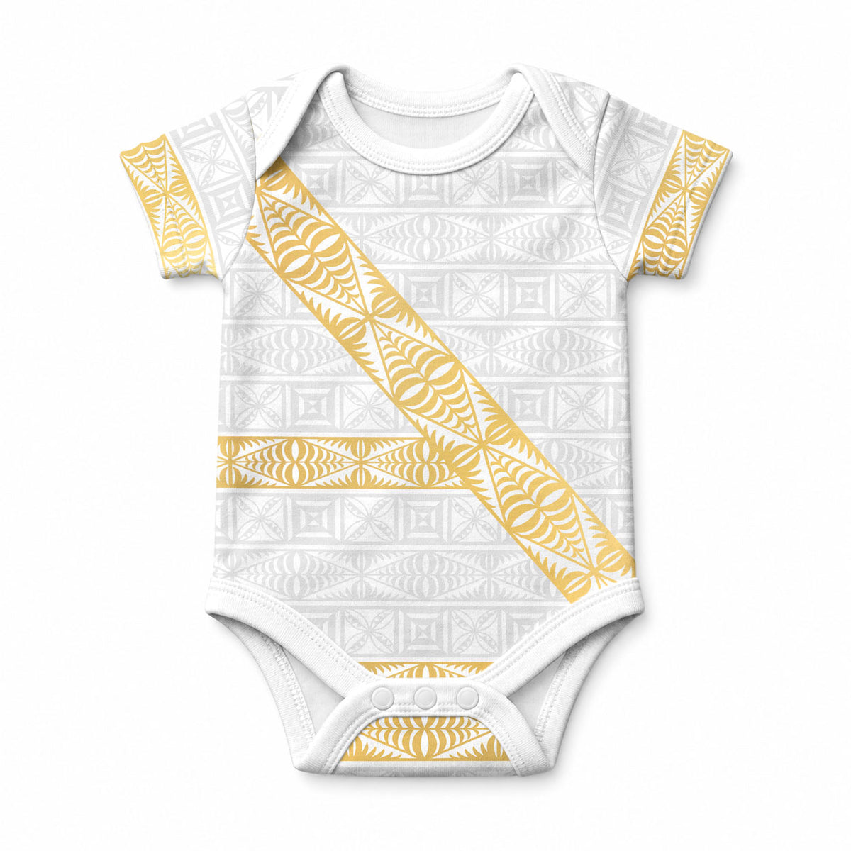 Tonga White Sunday Baby Onesie Fakame Tongan Ngatu Pattern Gold Strips