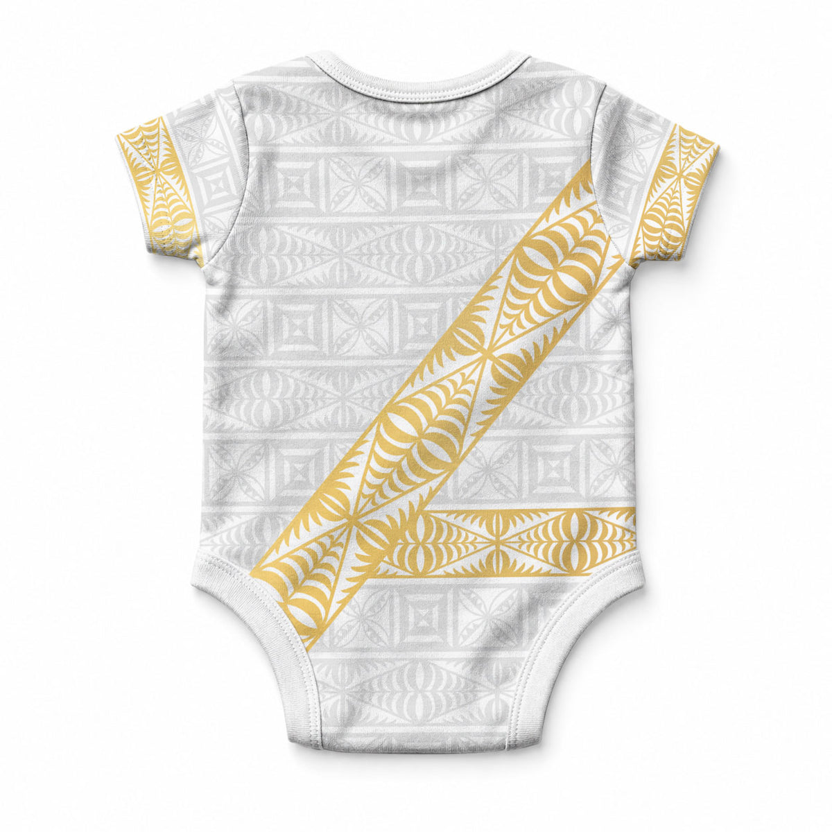 Tonga White Sunday Baby Onesie Fakame Tongan Ngatu Pattern Gold Strips