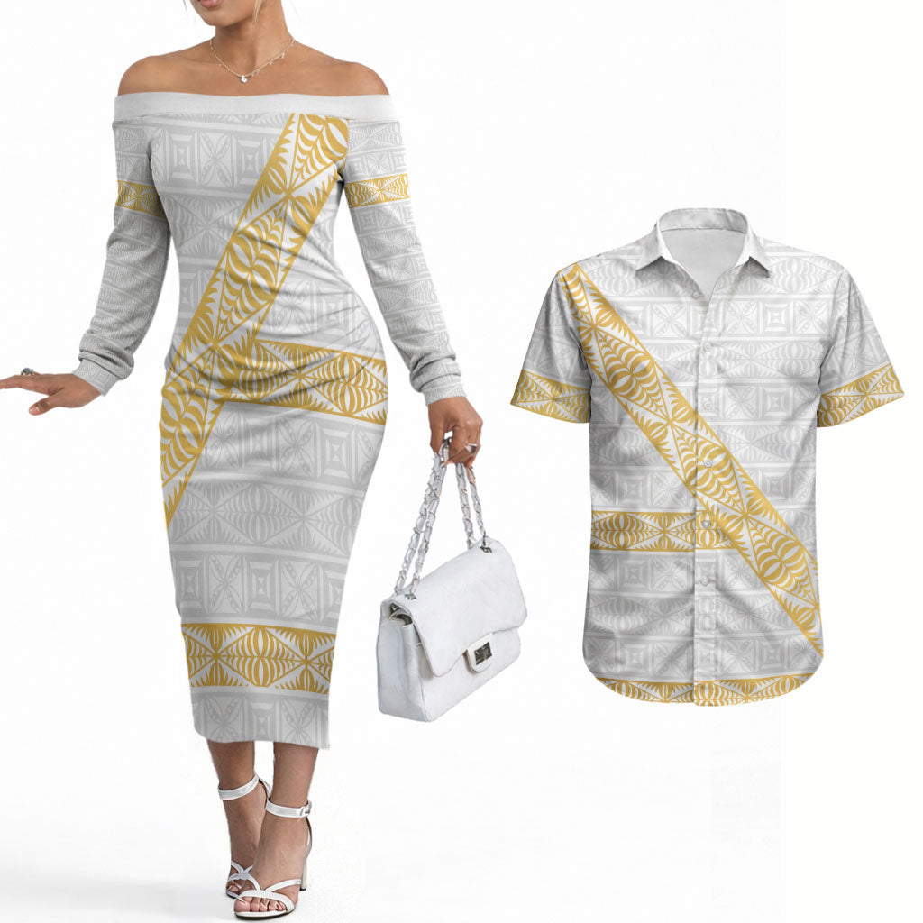 Tonga White Sunday Couples Matching Off The Shoulder Long Sleeve Dress and Hawaiian Shirt Fakame Tongan Ngatu Pattern Gold Strips