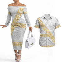 Tonga White Sunday Couples Matching Off The Shoulder Long Sleeve Dress and Hawaiian Shirt Fakame Tongan Ngatu Pattern Gold Strips
