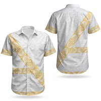 Tonga White Sunday Couples Matching Puletasi and Hawaiian Shirt Fakame Tongan Ngatu Pattern Gold Strips
