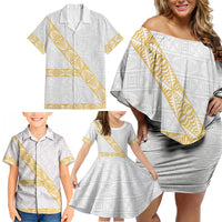 Tonga White Sunday Family Matching Off Shoulder Short Dress and Hawaiian Shirt Fakame Tongan Ngatu Pattern Gold Strips