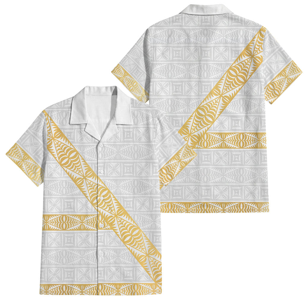 Tonga White Sunday Family Matching Off Shoulder Short Dress and Hawaiian Shirt Fakame Tongan Ngatu Pattern Gold Strips