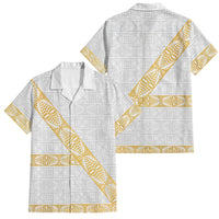 Tonga White Sunday Family Matching Off Shoulder Short Dress and Hawaiian Shirt Fakame Tongan Ngatu Pattern Gold Strips