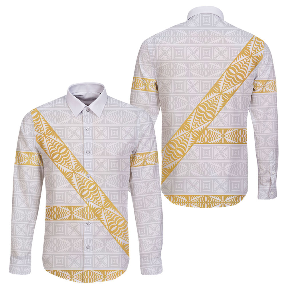 Tonga White Sunday Family Matching Off Shoulder Short Dress and Hawaiian Shirt Fakame Tongan Ngatu Pattern Gold Strips