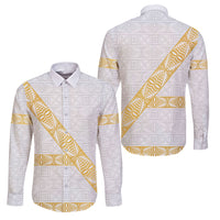 Tonga White Sunday Family Matching Off Shoulder Short Dress and Hawaiian Shirt Fakame Tongan Ngatu Pattern Gold Strips