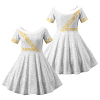 Tonga White Sunday Family Matching Off Shoulder Short Dress and Hawaiian Shirt Fakame Tongan Ngatu Pattern Gold Strips