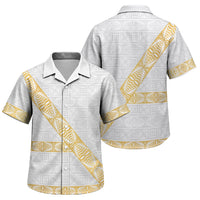 Tonga White Sunday Family Matching Off Shoulder Short Dress and Hawaiian Shirt Fakame Tongan Ngatu Pattern Gold Strips