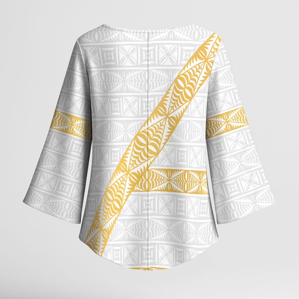 Tonga White Sunday Kimono Sleeve Blouse Fakame Tongan Ngatu Pattern Gold Strips