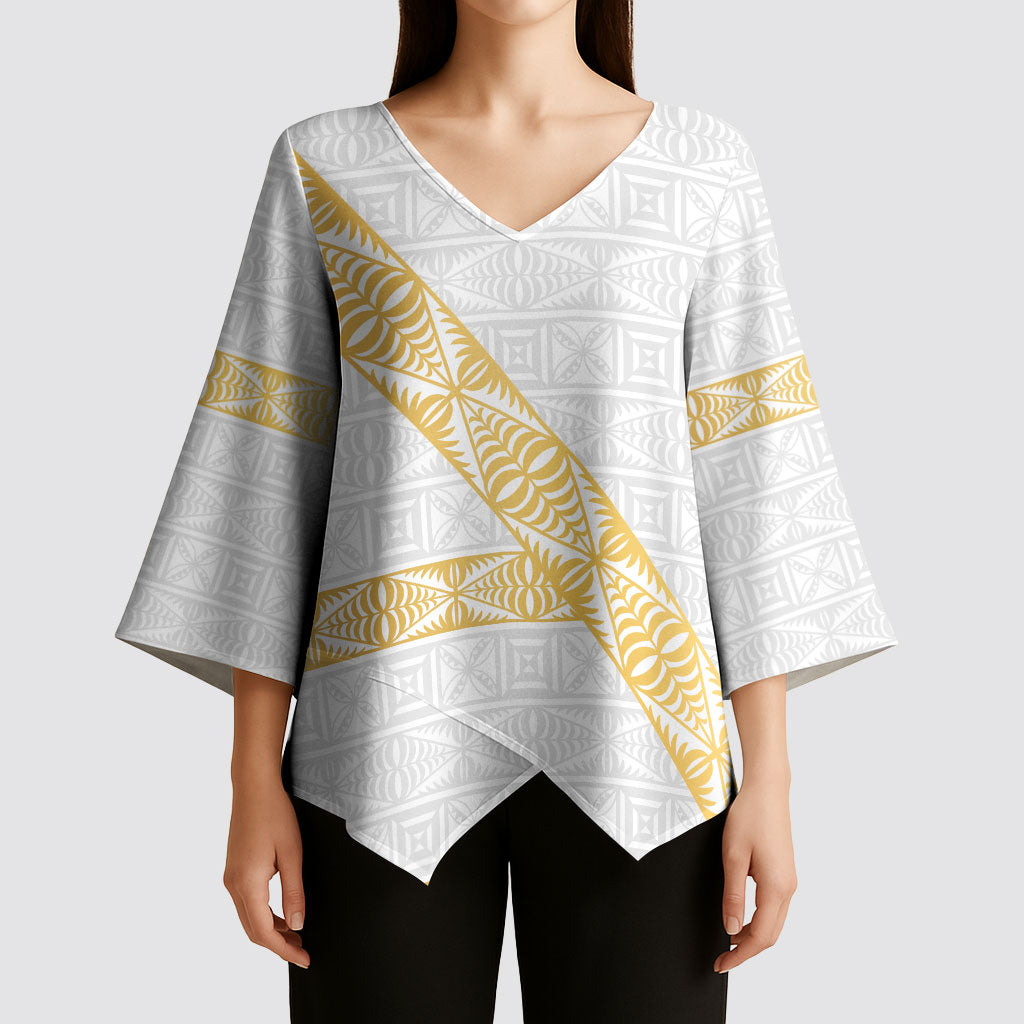 Tonga White Sunday Kimono Sleeve Blouse Fakame Tongan Ngatu Pattern Gold Strips