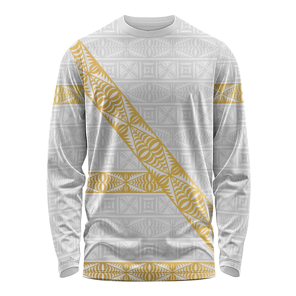 Tonga White Sunday Long Sleeve Shirt Fakame Tongan Ngatu Pattern Gold Strips
